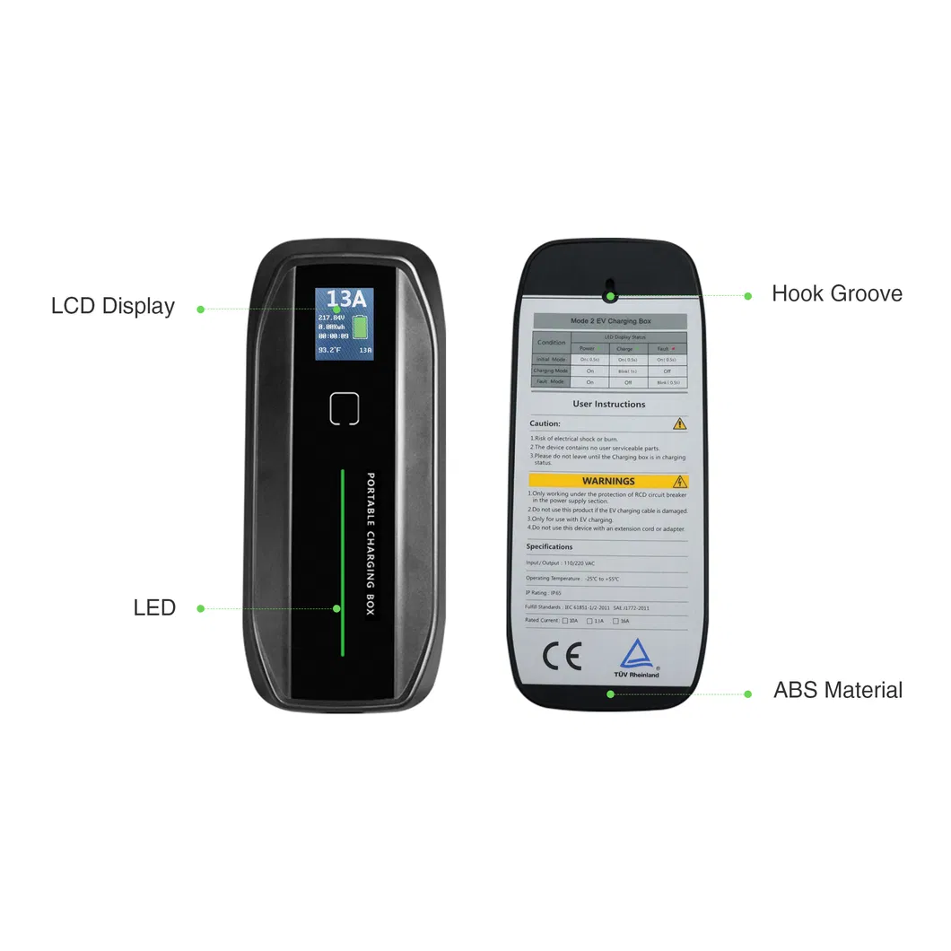 10A Type 2 Portable EV Mode 2 Charger for Electric Vehicle Charging Cable BS Plug