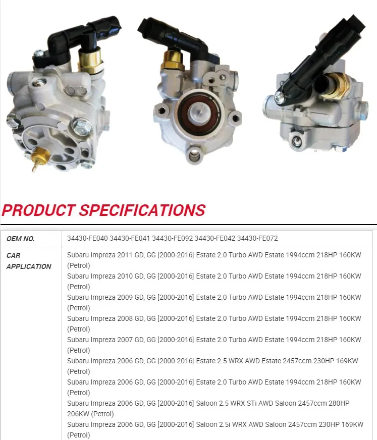 34430-Fe040 34430-Fe041 34430-Fe092 Power Steering Pump for Subaru Impreza Gd Gg 2005-2019 2.0L 2.5L