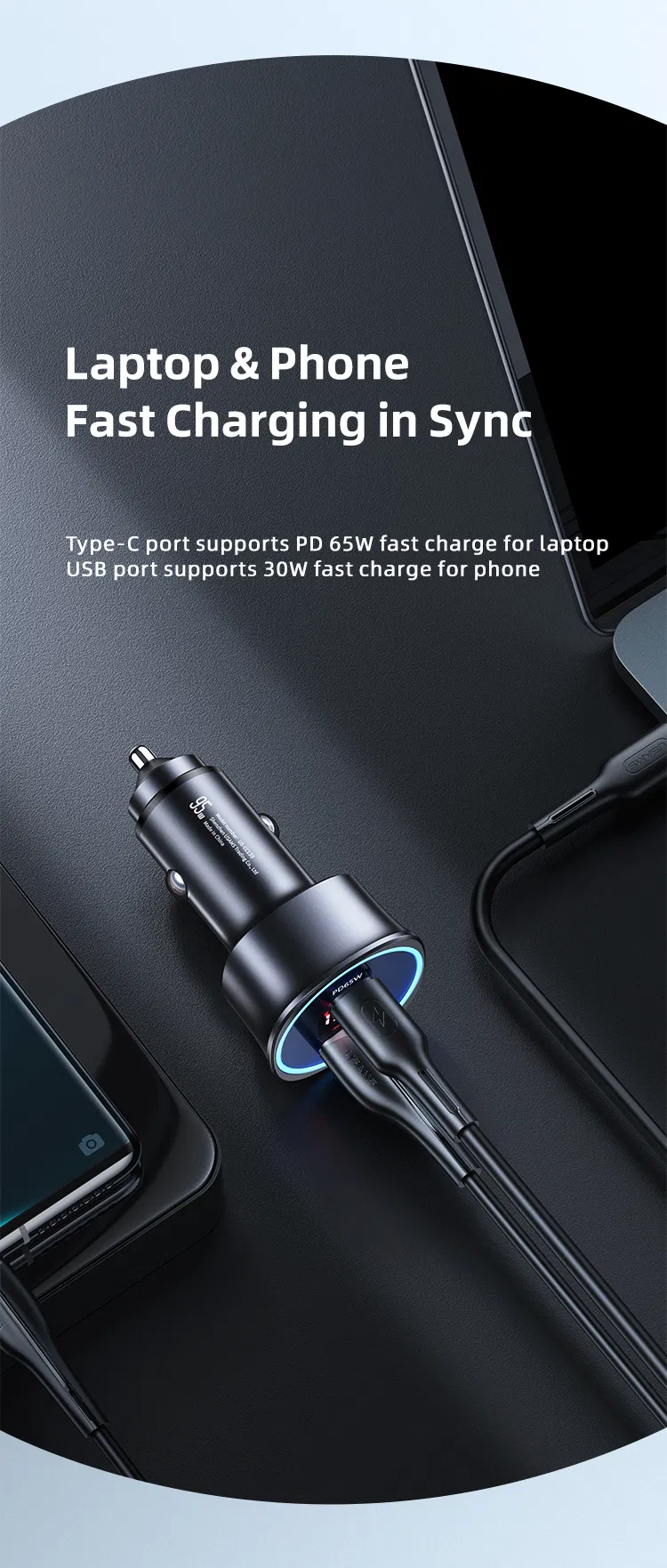 Usams 2021 Cc146 95W USB C Car Charger 65W 30W Type C Super Fast Charging QC 3.0 Cigarette Lighter Adapter for Car