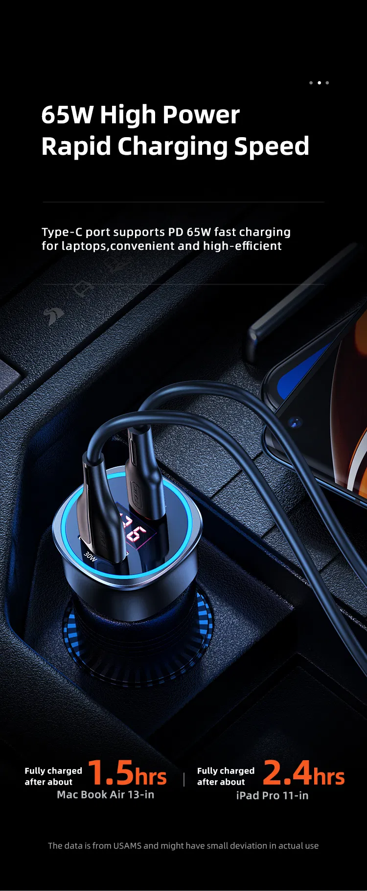 Usams 2021 Cc146 95W USB C Car Charger 65W 30W Type C Super Fast Charging QC 3.0 Cigarette Lighter Adapter for Car