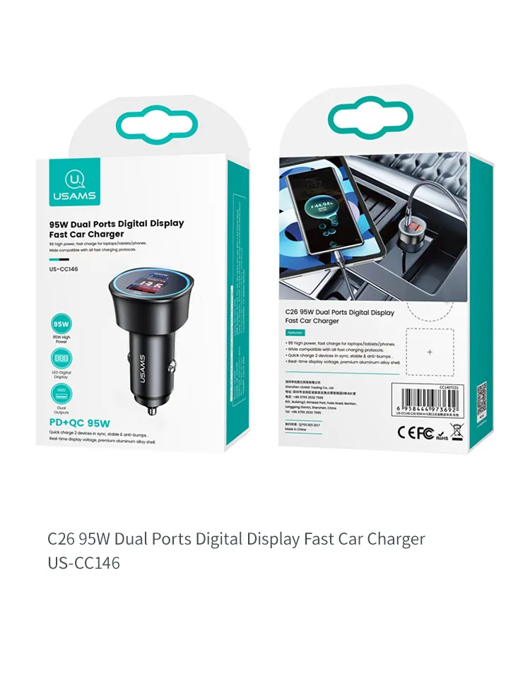 Usams Cc146 Portable Car Fast Charger 95W Cell Charger Car Adapter 2 Port Laptop Car Charger Adapter with Digital Display